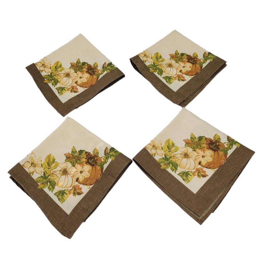 Harvest Season Pumpkin Grove Fall Seasonal Brown Border Cloth Napkins Set 4